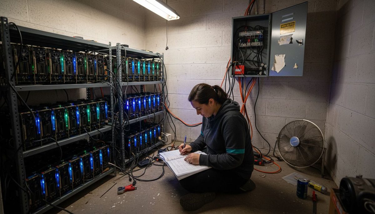 Operator recording power draw at the wall in a mining room