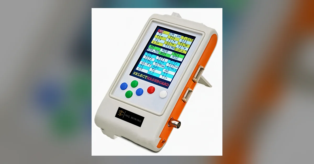 A handheld ING Mining hashboard tester standing on its kickstand, its colour screen showing a grid of miner models to choose from above four coloured buttons.