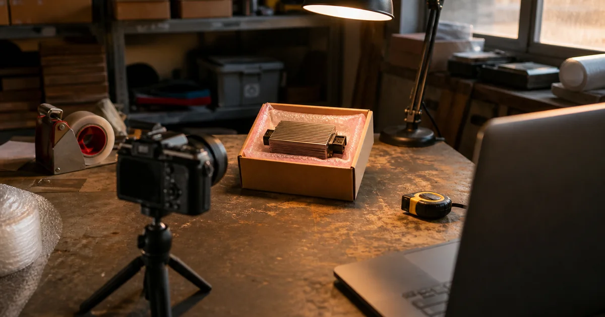 A workbench lit by a desk lamp with a camera on a small tripod aimed at a boxed part, and a laptop open to one side.