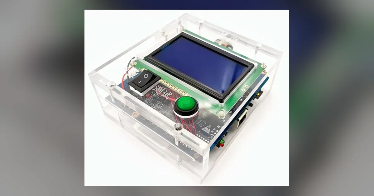 A universal Antminer test fixture built into a clear acrylic case, with a blue backlit LCD and a large green start button.
