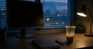 An empty office desk at dusk with a switched-off monitor, a notebook and a cold cup of coffee.