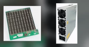 An Antminer S19 Pro hashboard on the left and a Bitmain APW17 power supply on the right, photographed separately and shown side by side.
