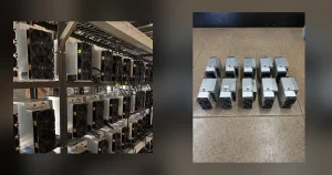 Left, a steel rack of Antminer S19-series ASIC miners installed and cabled; right, ten Bitmain Antminer S21+ machines standing on a warehouse floor.