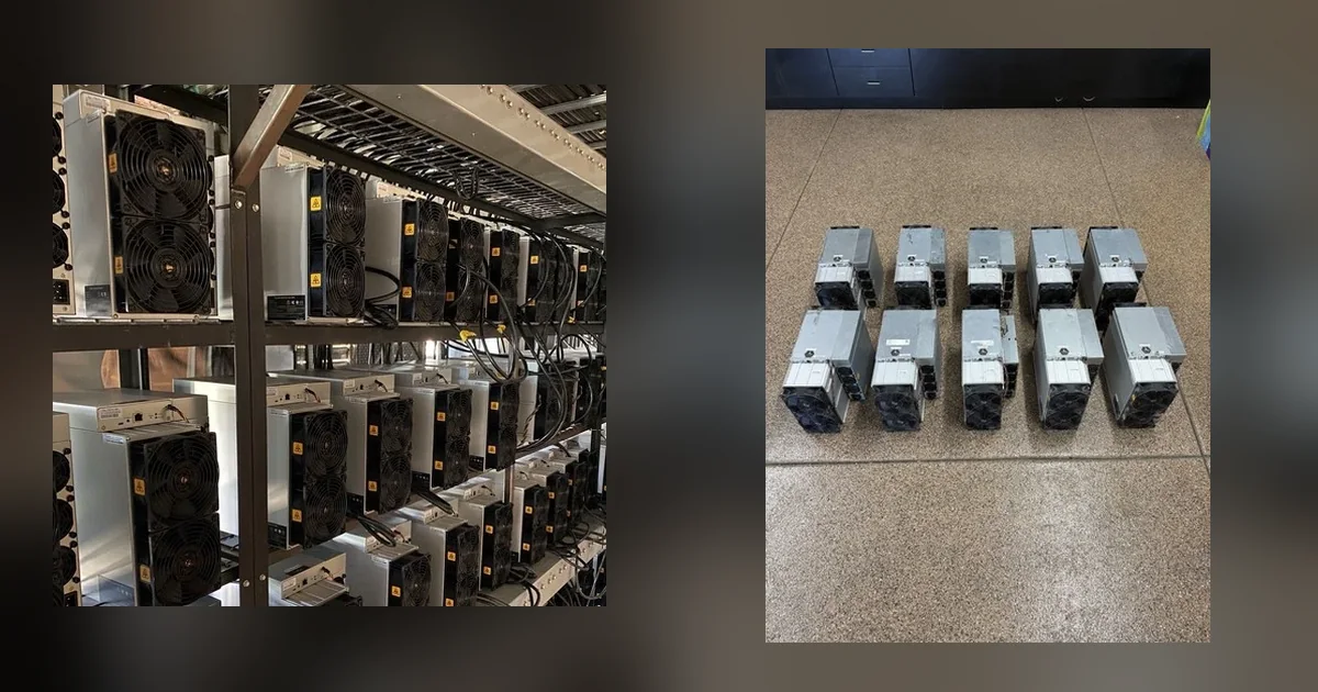 Left, a steel rack of Antminer S19-series ASIC miners installed and cabled; right, ten Bitmain Antminer S21+ machines standing on a warehouse floor.