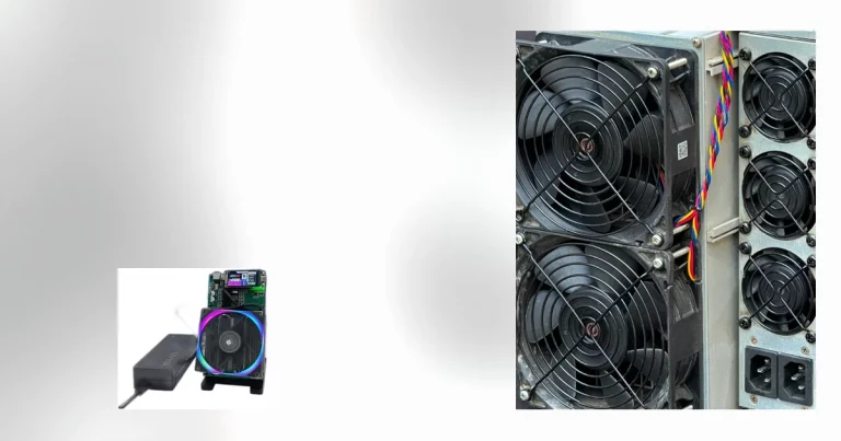 A NerdQAxe++ desk miner and a used Bitmain Antminer S19 from ING Mining's own stock, shown at their real relative size. On the left the NerdQAxe++: an open green circuit board with a small colour status screen, an RGB-lit fan on a finned heatsink and a black 12-volt power brick beside it. On the right, filling most of the frame, the front face of the Antminer S19 - two large dust-marked fans behind wire guards, its scuffed grey chassis, and three power-supply fan grilles with the twin mains inlets below them.