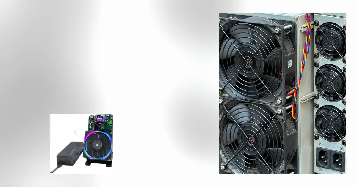 A NerdQAxe++ desk miner and a used Bitmain Antminer S19 from ING Mining's own stock, shown at their real relative size. On the left the NerdQAxe++: an open green circuit board with a small colour status screen, an RGB-lit fan on a finned heatsink and a black 12-volt power brick beside it. On the right, filling most of the frame, the front face of the Antminer S19 - two large dust-marked fans behind wire guards, its scuffed grey chassis, and three power-supply fan grilles with the twin mains inlets below them.