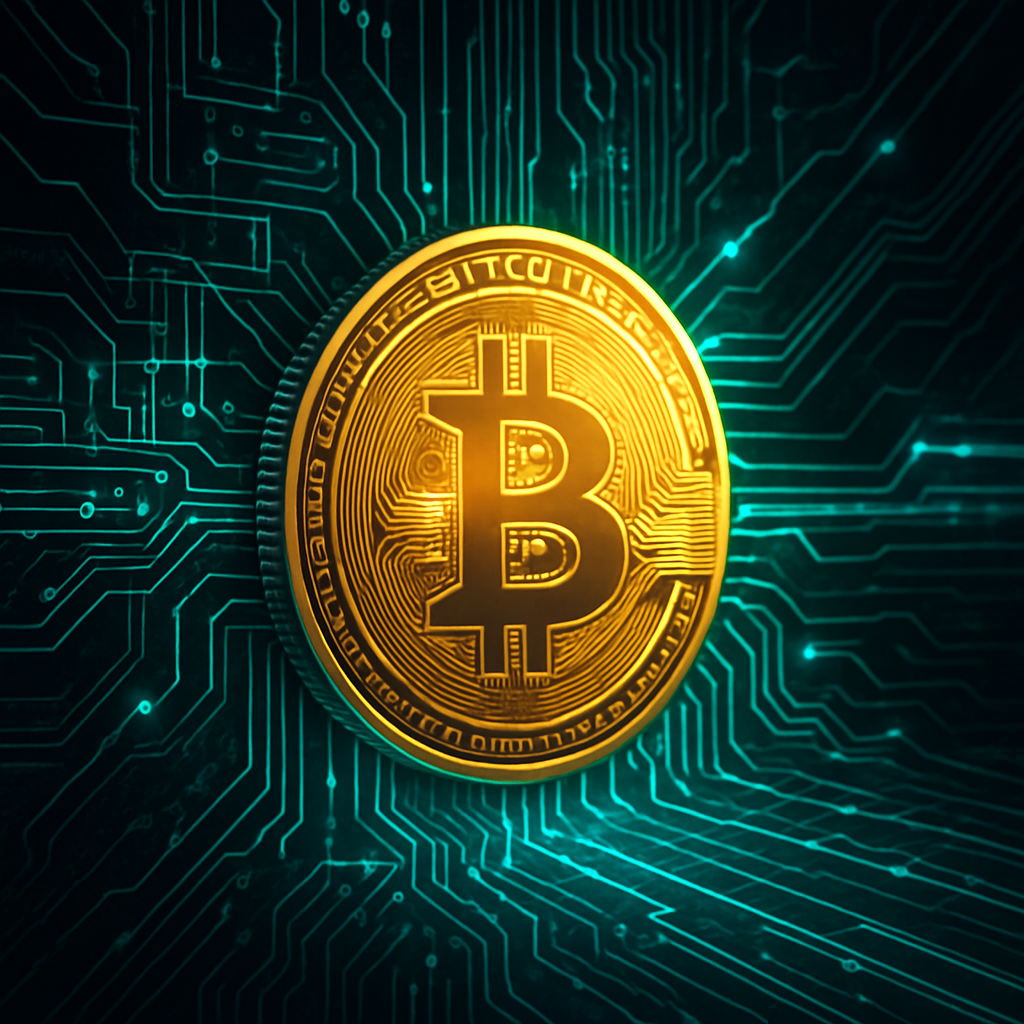 A gold Bitcoin coin glowing in front of futuristic quantum computing circuits, representing the impact of quantum computing on cryptocurrency security