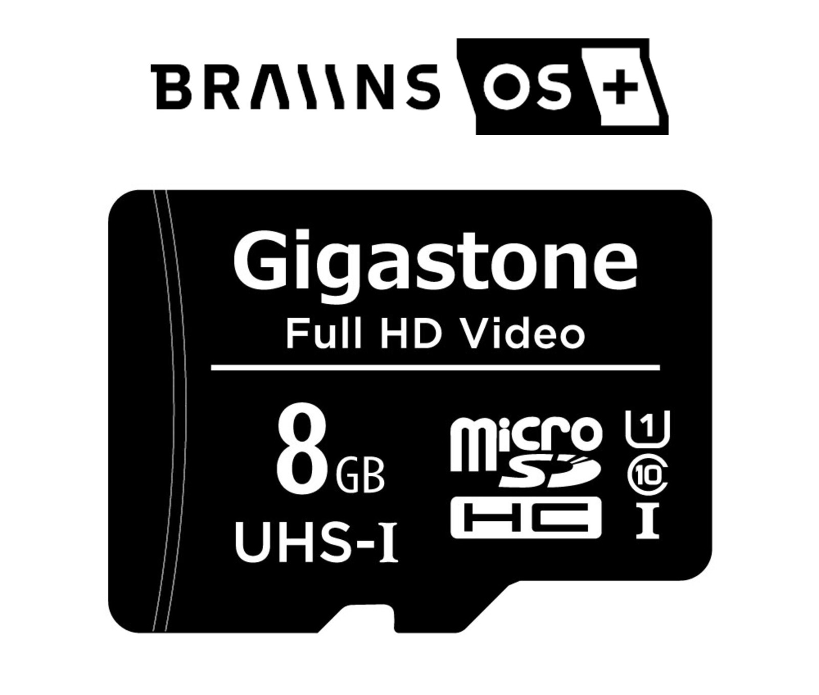 A Gigastone 8 GB microSDHC UHS-I card beneath the Braiins OS+ logo.