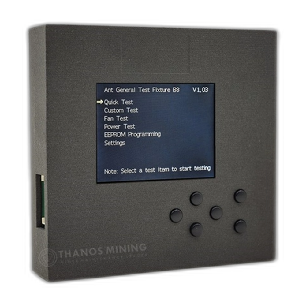 The Antminer B8 hashboard tester: a black handheld unit, screen listing quick test, fan test, power test and EEPROM programming.