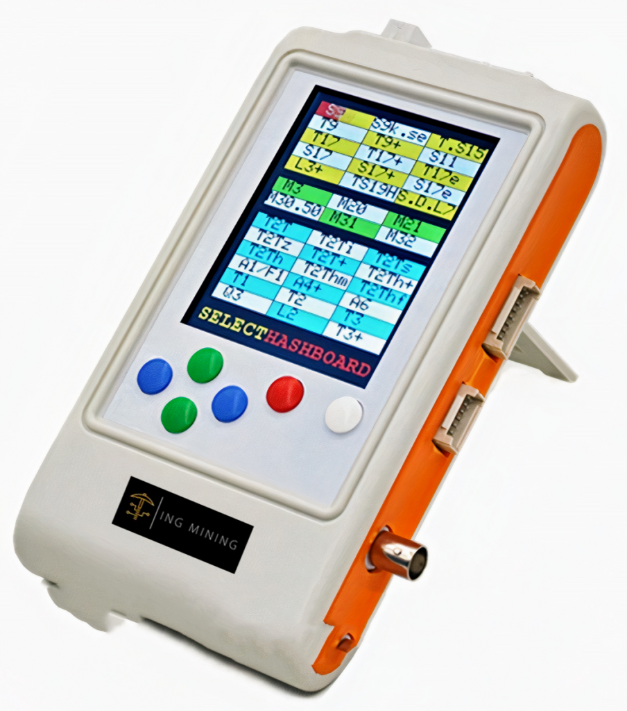 A handheld universal hashboard tester on its kickstand, its colour screen listing Antminer board types with SELECT HASHBOARD across the bottom and an ING Mining badge on the case.