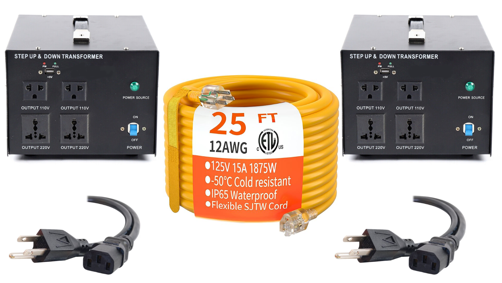Two step-up/step-down transformers with 110 V and 220 V outlets, a 25 ft 12 AWG extension cord rated 125 V 15 A 1875 W, and two NEMA 5-15P to C13 cords.