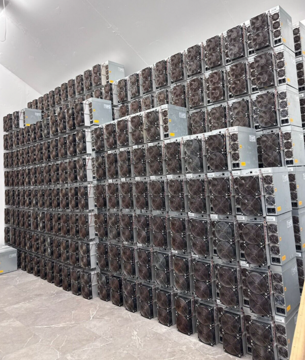 Used Bitmain Antminer S19 miners racked several units high on steel shelving in our warehouse, seen down the length of the aisle.