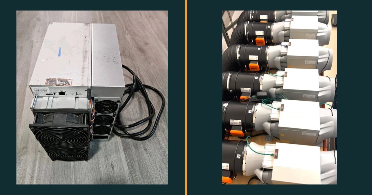 Side by side photographs of the two machines compared: a refurbished Antminer S19 on a workshop floor with its power cables coiled beside it, and a rack of Antminer S19k Pro units with ducting and power supplies fitted.