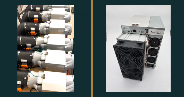 Our own photographs of the two machines compared: on the left a rack of Antminer S19k Pro units with ducting and power supplies fitted, on the right a single refurbished Antminer S19 XP on the bench with its fan and control board visible.