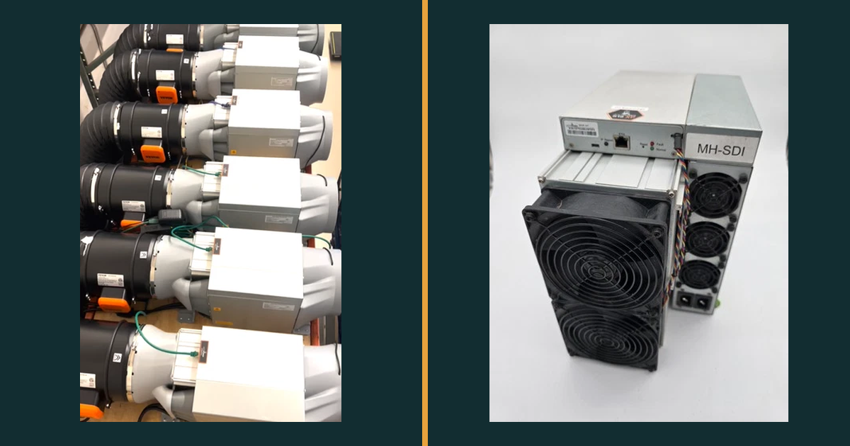 Our own photographs of the two machines compared: on the left a rack of Antminer S19k Pro units with ducting and power supplies fitted, on the right a single refurbished Antminer S19 XP on the bench with its fan and control board visible.