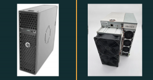 The two machines compared: on the left, Canaan's product image of the Avalon Q, an upright grey tower with a honeycomb intake grille and the Canaan hex logo; on the right, our photograph of a refurbished Bitmain Antminer S19 XP on the bench, its large front fan and finger guard facing the camera with the control board and power supply behind.