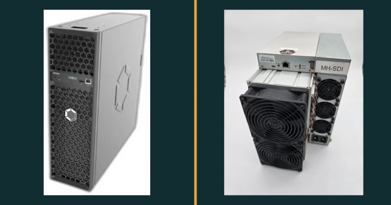 The two machines compared: on the left, Canaan's product image of the Avalon Q, an upright grey tower with a honeycomb intake grille and the Canaan hex logo; on the right, our photograph of a refurbished Bitmain Antminer S19 XP on the bench, its large front fan and finger guard facing the camera with the control board and power supply behind.