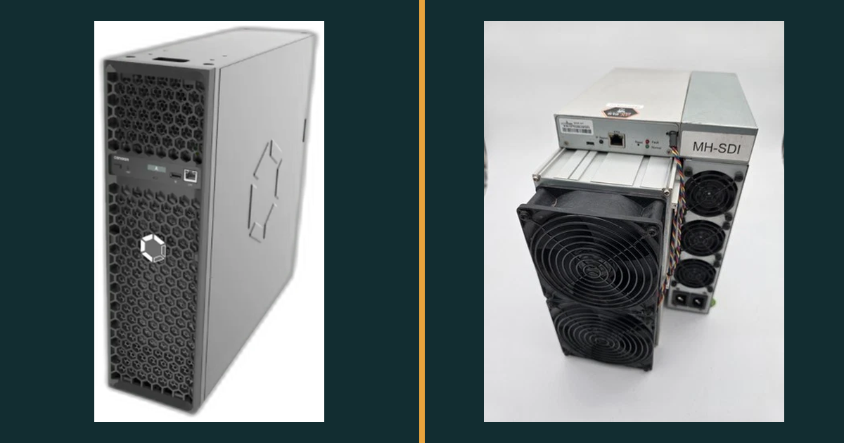 The two machines compared: on the left, Canaan's product image of the Avalon Q, an upright grey tower with a honeycomb intake grille and the Canaan hex logo; on the right, our photograph of a refurbished Bitmain Antminer S19 XP on the bench, its large front fan and finger guard facing the camera with the control board and power supply behind.