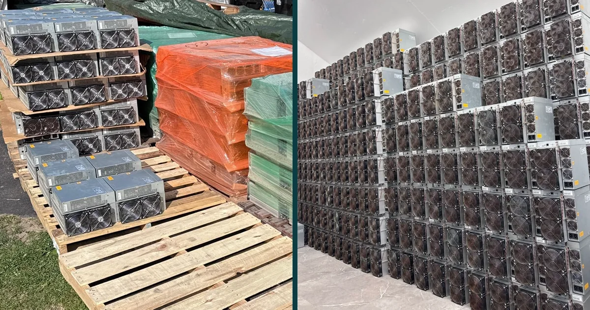 Left: used Bitmain Antminer S19 miners stacked loose on a wooden pallet beside two shrink-wrapped pallets in an outdoor yard. Right: several hundred used Antminer S19 units stacked head-high against a warehouse wall.