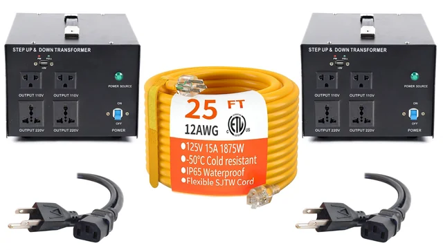 Two black step-up and step-down transformer boxes, each with 110V and 220V outlets and a power switch, a coiled yellow 25 foot 12AWG extension cord between them, and two mains leads with US plugs on one end and kettle connectors on the other.