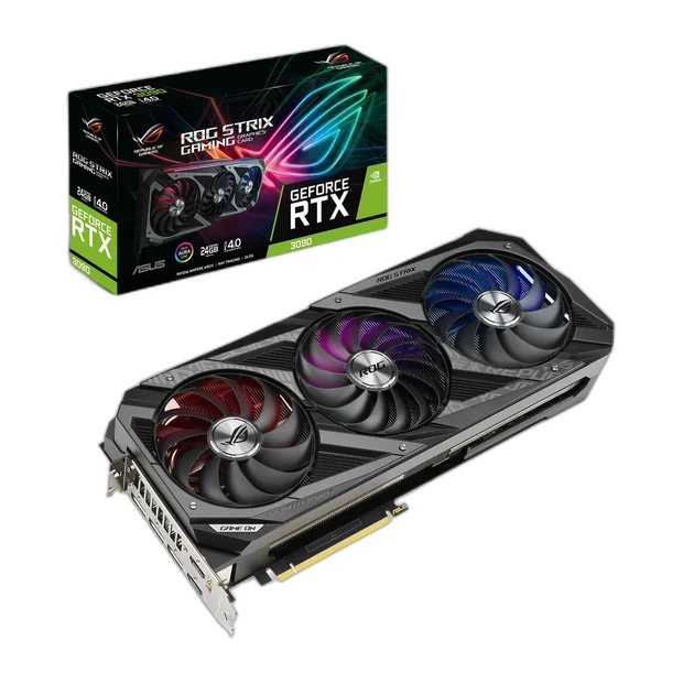 An ASUS ROG Strix GeForce RTX 3090 graphics card lying in front of its retail box, its three fans lit red, purple and blue under a black shroud.