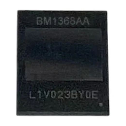 A Bitmain BM1368AA ASIC chip photographed face-on: a black square package with BM1368AA printed along the top edge and the batch code L1V023BY0E along the bottom.