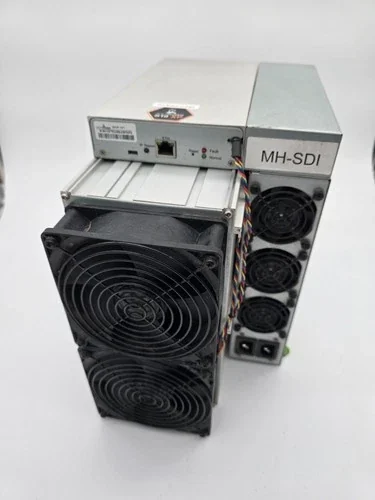 A refurbished Bitmain Antminer S19 XP on a pale sweep, one large black intake fan filling its front face, the control board across the top with an Ethernet socket and a printed MH-SDI label, and the smaller rear fans visible behind.