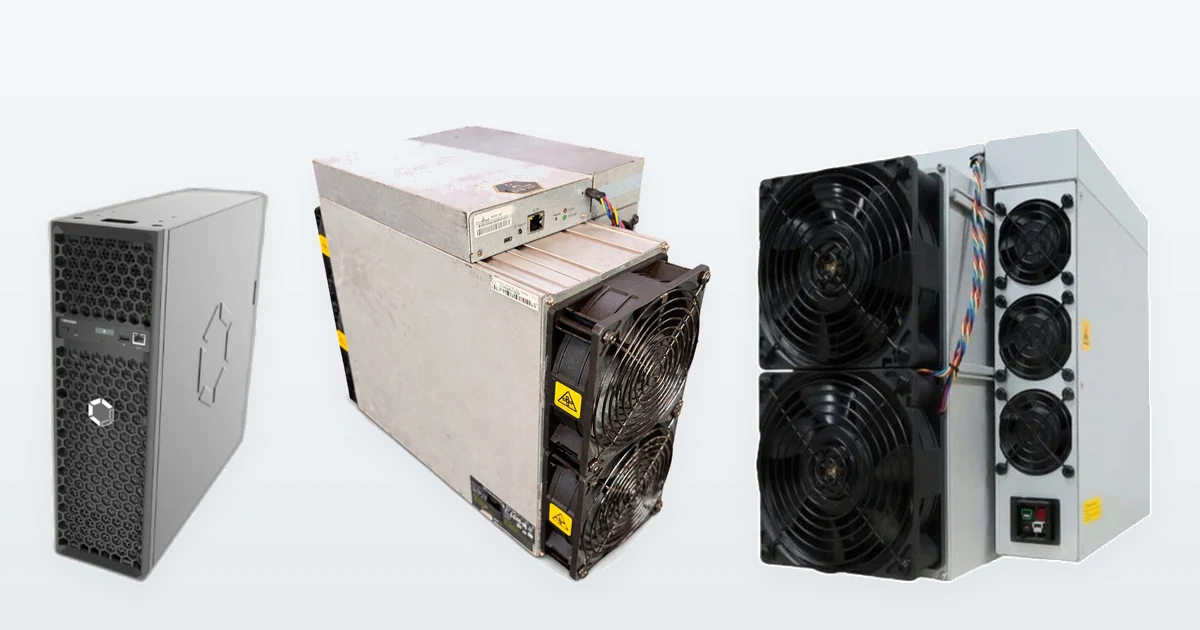 A Canaan Avalon Q 90T home Bitcoin miner, a used Bitmain Antminer S19k Pro 120TH Bitcoin miner and a Bitmain Antminer KS5 Pro 21TH/s Kaspa miner.