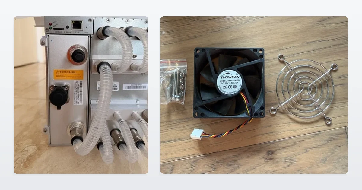 The end panel of a Bitmain Antminer S19 XP Hyd with its quick-release water fittings and corrugated hoses, beside a replacement Antminer case fan and its wire finger guard.