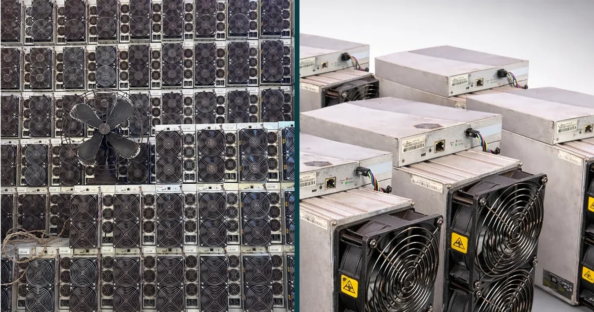 Left: used Bitmain Antminer S19 units stacked in dense rows, fan grilles facing out, a pedestal fan against the stack. Right: used Antminer S19k Pro units in two rows, cooling fans and control boards facing out.