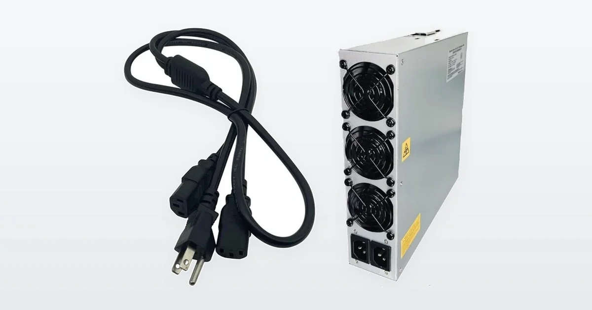 An Antminer power lead with a moulded wall plug and C13 connector, beside a Bitmain APW17 1215c power supply unit standing on end.