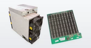 A used Bitmain Antminer S19k Pro 120TH Bitcoin miner and an Antminer S19 Pro hashboard.