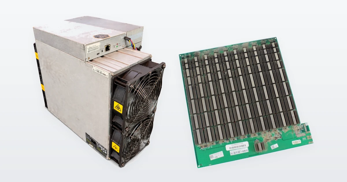 A used Bitmain Antminer S19k Pro 120TH Bitcoin miner and an Antminer S19 Pro hashboard.