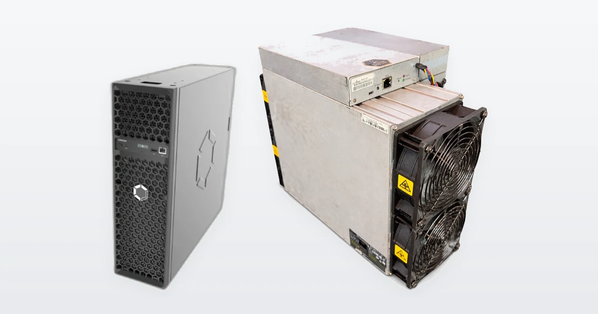 A Canaan Avalon Q 90T home Bitcoin miner and a used Bitmain Antminer S19k Pro 120TH Bitcoin miner.