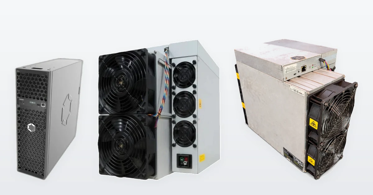 A Canaan Avalon Q 90T home Bitcoin miner, a Bitmain Antminer KS5 Pro 21TH/s Kaspa miner and a used Bitmain Antminer S19k Pro 120TH Bitcoin miner.
