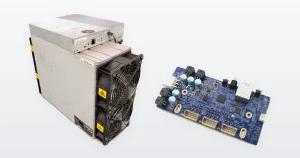 A used Bitmain Antminer S19k Pro 120TH Bitcoin miner and an Avalon 1166 Pro control board.
