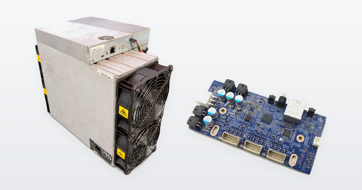A used Bitmain Antminer S19k Pro 120TH Bitcoin miner and an Avalon 1166 Pro control board.
