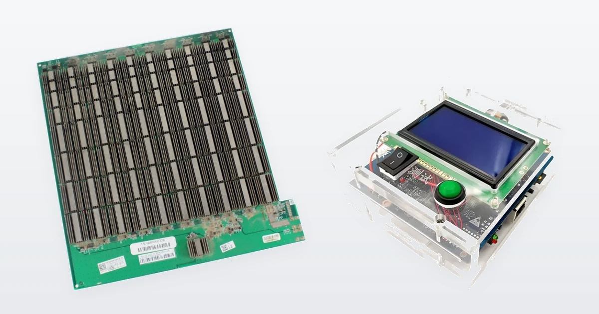 An Antminer S19 Pro hashboard and a universal Antminer hashboard test fixture.