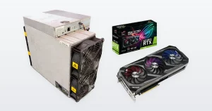 A used Bitmain Antminer S19k Pro 120TH Bitcoin miner and an ASUS ROG Strix GeForce RTX 3090 graphics card.