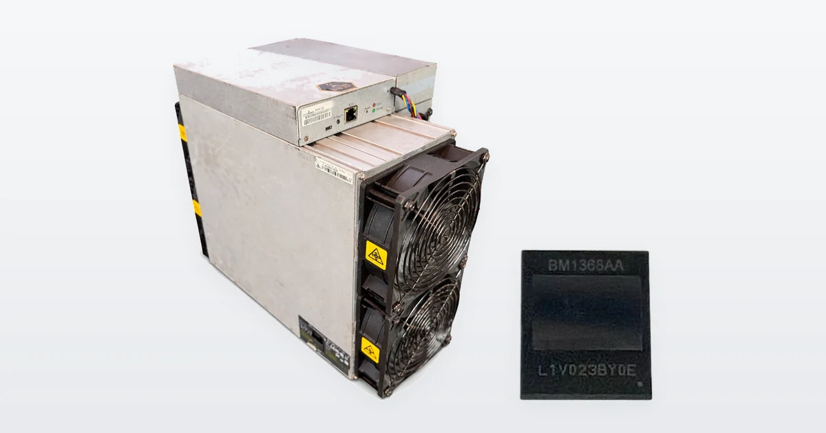 A used Bitmain Antminer S19k Pro 120TH Bitcoin miner and a Bitmain BM1368AA mining ASIC chip.