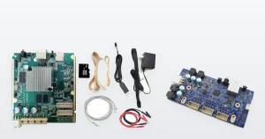 A Bitmain Antminer E9 hashboard test fixture main board with its leads, SD card and mains adapter, beside a genuine Avalon 1166 Pro control board with its ribbon headers and Ethernet port.