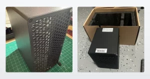 A Goldshell XT Box miner and a Goldshell Mini DOGE III miner unpacked from its box.