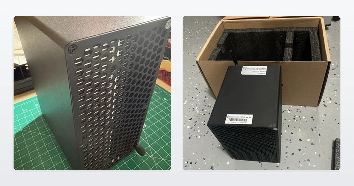 A Goldshell XT Box miner and a Goldshell Mini DOGE III miner unpacked from its box.