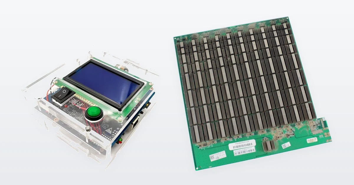 A universal Antminer hashboard test fixture and an Antminer S19 Pro hashboard.