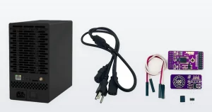 An IceRiver KS7 Lite Kaspa miner, an Antminer PSU power cable and a Loki 240V-to-110V converter kit for Antminer S19 and S21.