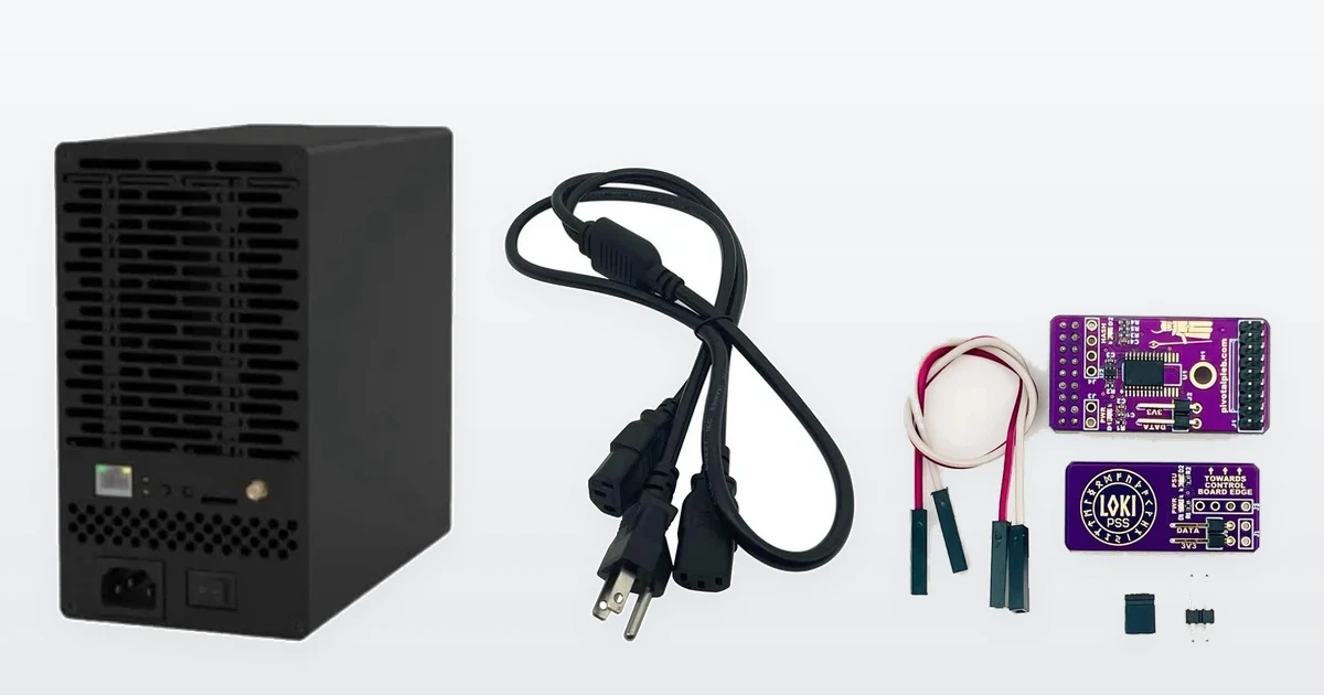 An IceRiver KS7 Lite Kaspa miner, an Antminer PSU power cable and a Loki 240V-to-110V converter kit for Antminer S19 and S21.