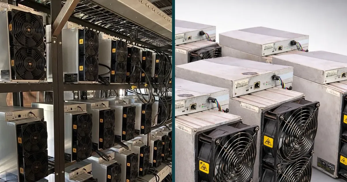 Left: used Bitmain Antminer S19 units racked on shelving, fans and power supplies facing out. Right: used Antminer S19k Pro units in two rows, cooling fans and control boards facing out.