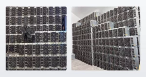 Two photographs of used Antminer S19 stock at ING Mining: a wall of machines stacked fan-grille outwards with a floor fan in front, and a warehouse aisle where the same units are stacked from the floor to well above head height.