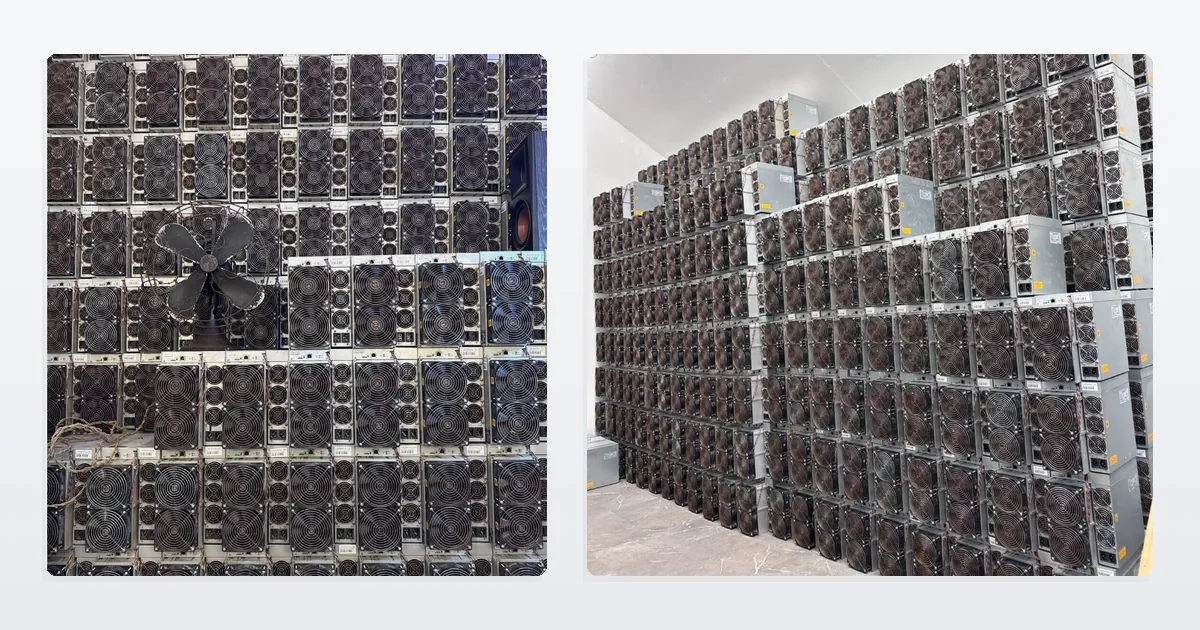 Two photographs of used Antminer S19 stock at ING Mining: a wall of machines stacked fan-grille outwards with a floor fan in front, and a warehouse aisle where the same units are stacked from the floor to well above head height.
