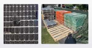Two photographs from ING Mining's own yard: a wall of used Antminer S19 units stacked fan-grille outwards with a floor fan running in front of them, and pallets of the same machines outside, shrink-wrapped in orange and green and banded ready to ship.